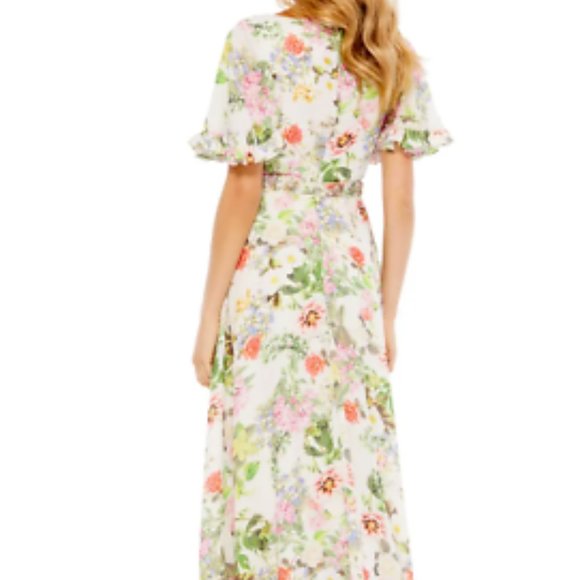 MAC DUGGAL FLORAL MULTI  PRINT FLUTTER SLEEVE EMBELLISHED WAIST GOWN sz 8 - Picture 4 of 7